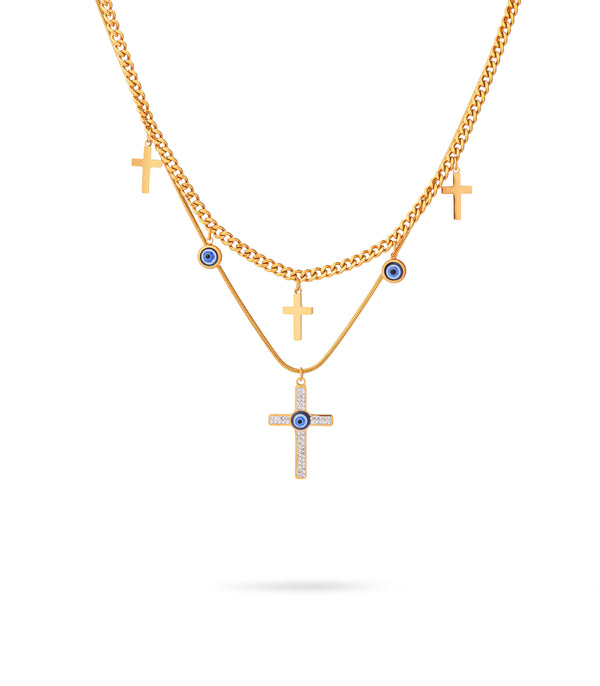 Evil Eye Cross Layered Necklace